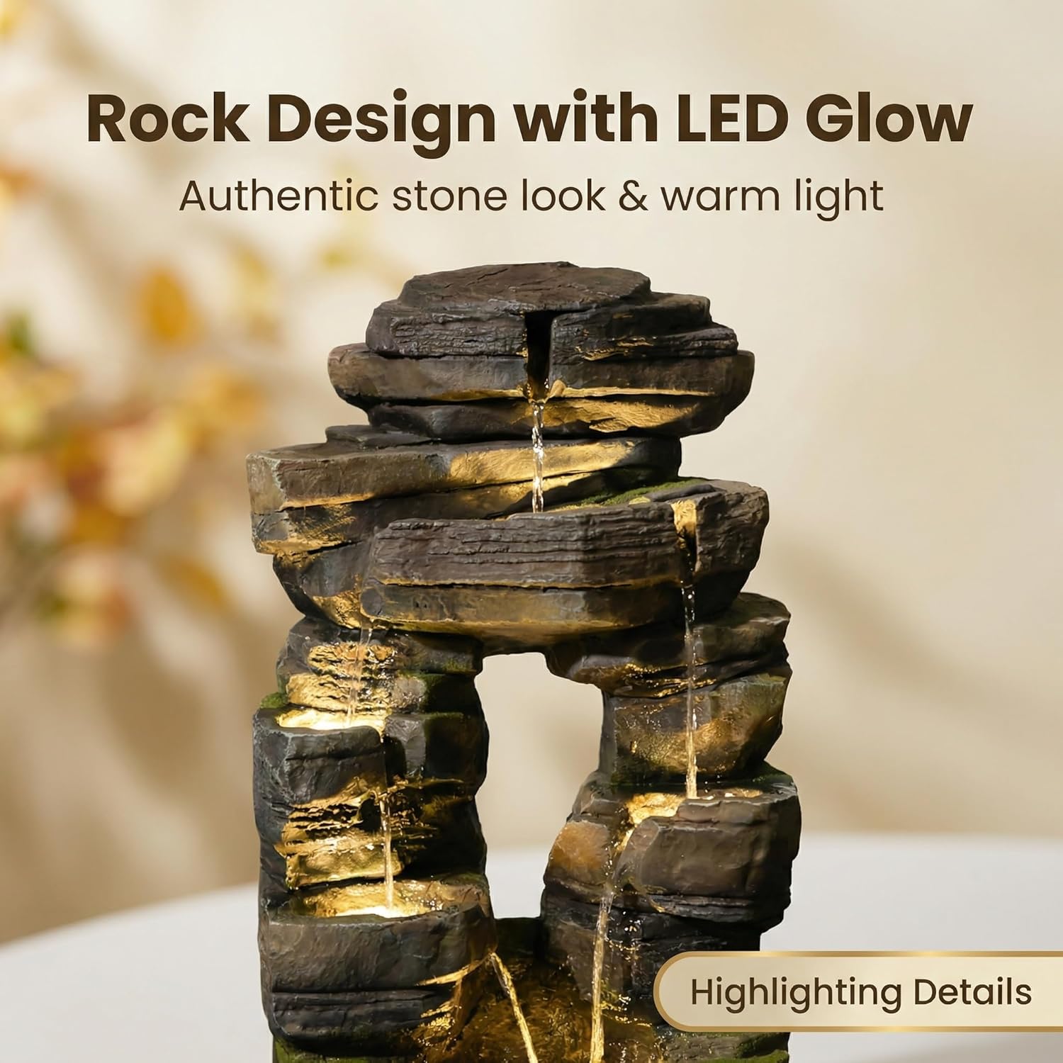 26.4' Outdoor Water Fountain with LED Lights, Stacked Rock Waterfall Fountain, Resin Garden Water Feature for Arch Design, Freestanding Patio, Yard