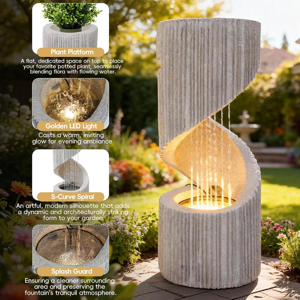 30' H Outdoor Water Fountain with LED Light, S-Shaped Modern Curved Outdoor Fountain, Spiral Column Fountain, Decorative Waterfall Feature with Flat Top Plant Display for Garden, Patio Decor
