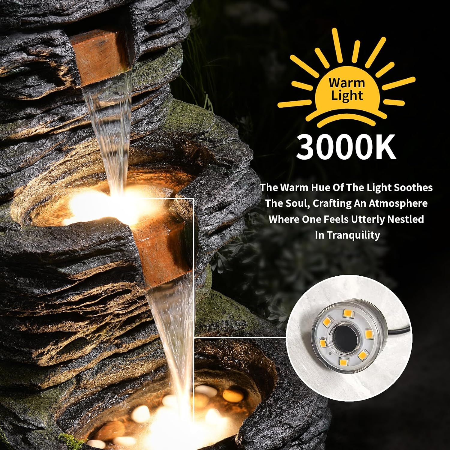 3 Tier Cascading Rock Water Fountain Outdoor Garden,28.74' H Natural Look Outdoor Fountains and Waterfalls with LED Lights for Patio, Deck, Porch, Backyard, Outside and Indoor Home Decor