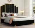 Albott Queen Size Platform Bed Frame, 61.4' Velvet Upholstered Bed with Gold Trim Headboard/Wooden Slats/No Box Spring Needed/Black