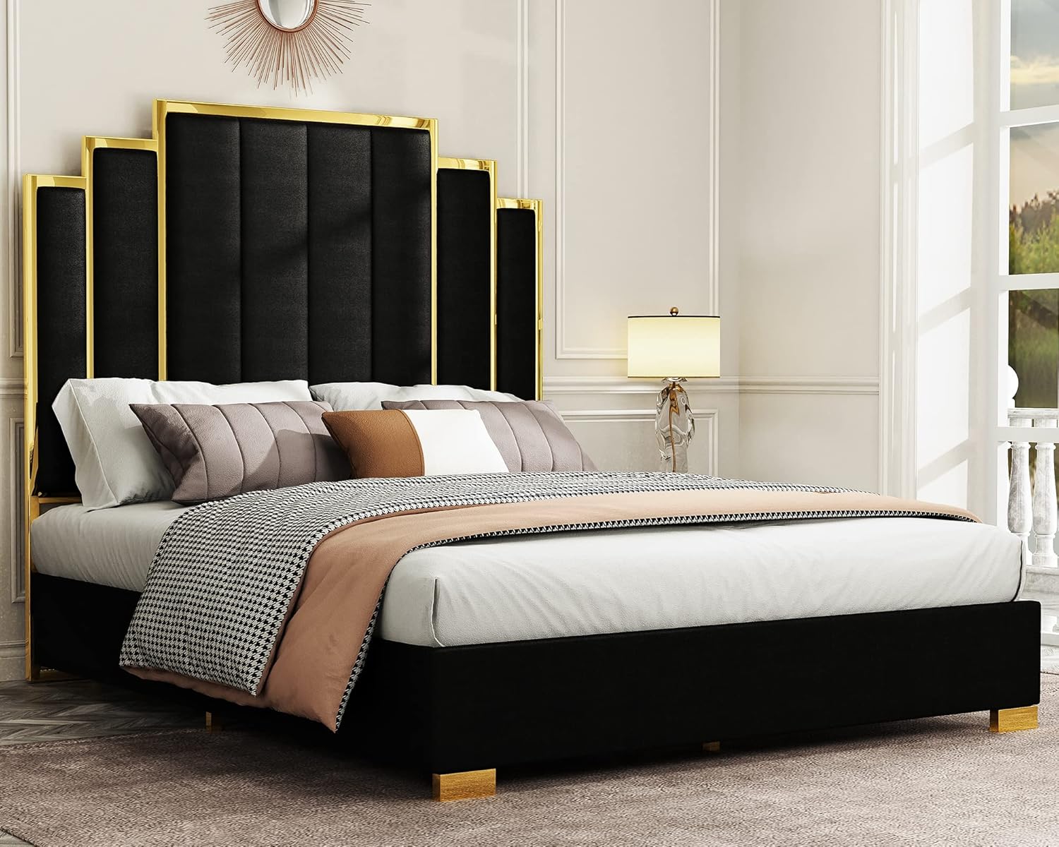 Albott Queen Size Platform Bed Frame, 61.4' Velvet Upholstered Bed with Gold Trim Headboard/Wooden Slats/No Box Spring Needed/Black