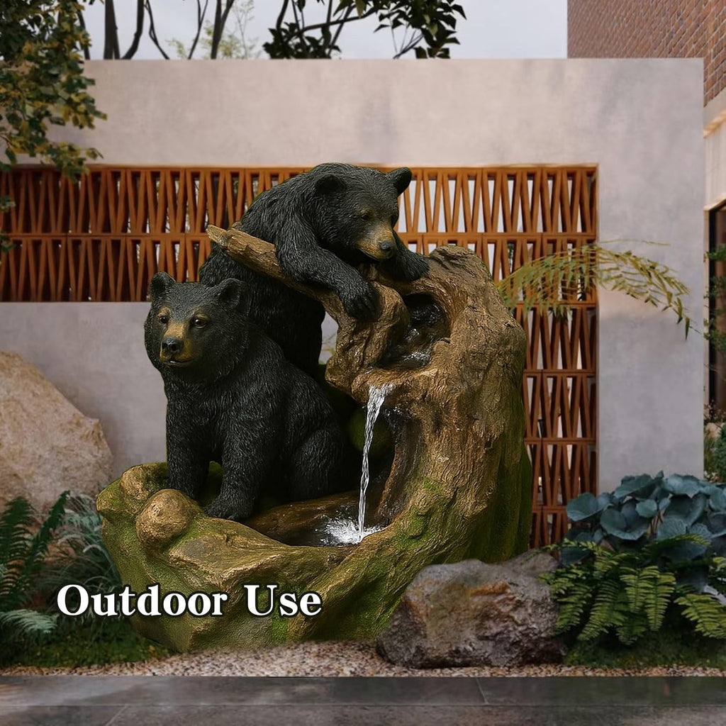 Outdoor Fountain with LED Lights – Bear Water Feature for Garden, Patio, Yard, or Porch – Durable Polyresin Animal Waterfall Decor – Rustic Brown & Black Finish