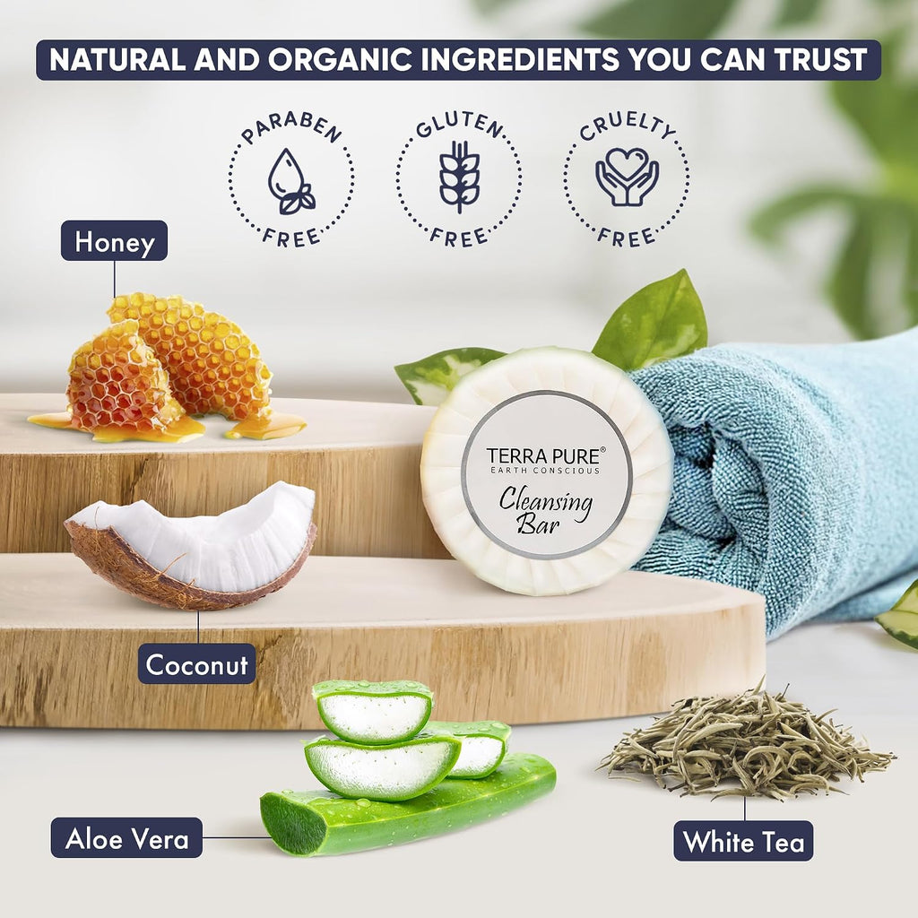 Terra Pure White Tea and Coconut | 150 pcs 1oz Shampoo and Conditioner, Body Wash, Lotion, 1.25oz Bar Soap and 100 pcs Cleansing Bar Soap