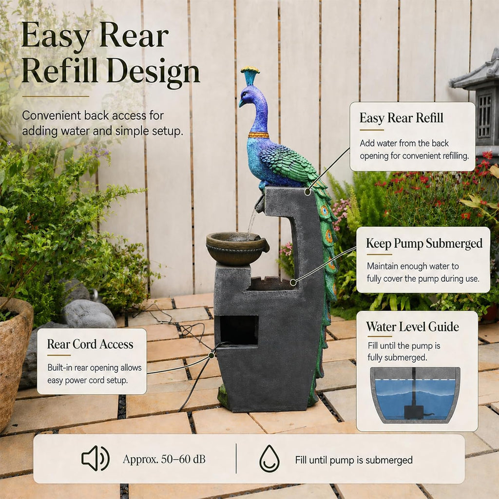 Tankana Outdoor Water Fountain 41' H Cascading Peacock Waterfall Fountain with LED Lights & Pump Tiered Water Feature for Garden, Patio, Backyard, Deck, and Porch Decor