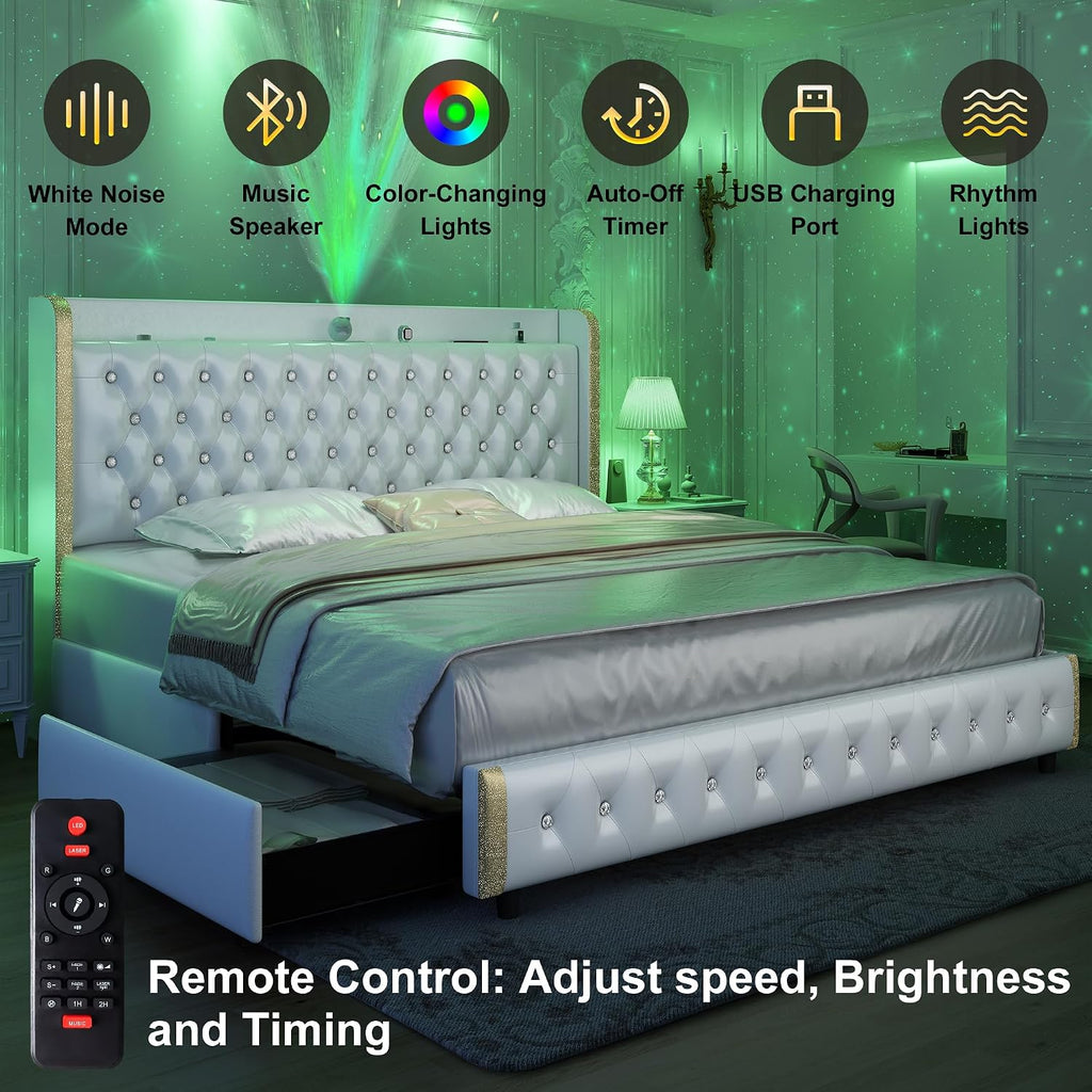 GEGOFORU Queen Led Bed Frame with 4 Drawers Projector Galaxy Light, Wingback Upholstered Headboard, Diamond Charger Music Speaker, No Box Spring Needed & Noise-Reduction, Wooden Slats, PU White