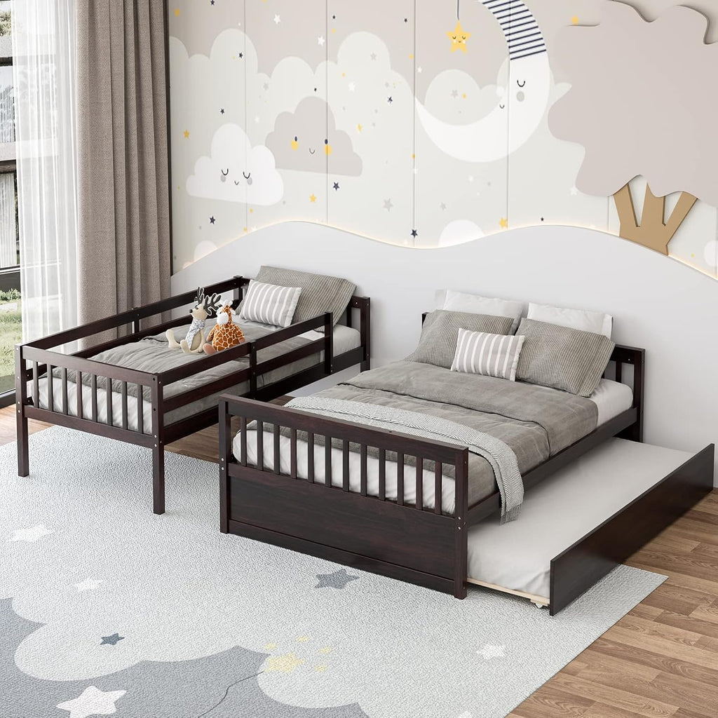 KOMFOTT Wood Twin Over Full Bunk Bed with Trundle, Bed Frame with Solid Pine Wood Frame, Space-Saving Bunk Bed with Ladder & Safety Guardrails, No Box Spring Needed