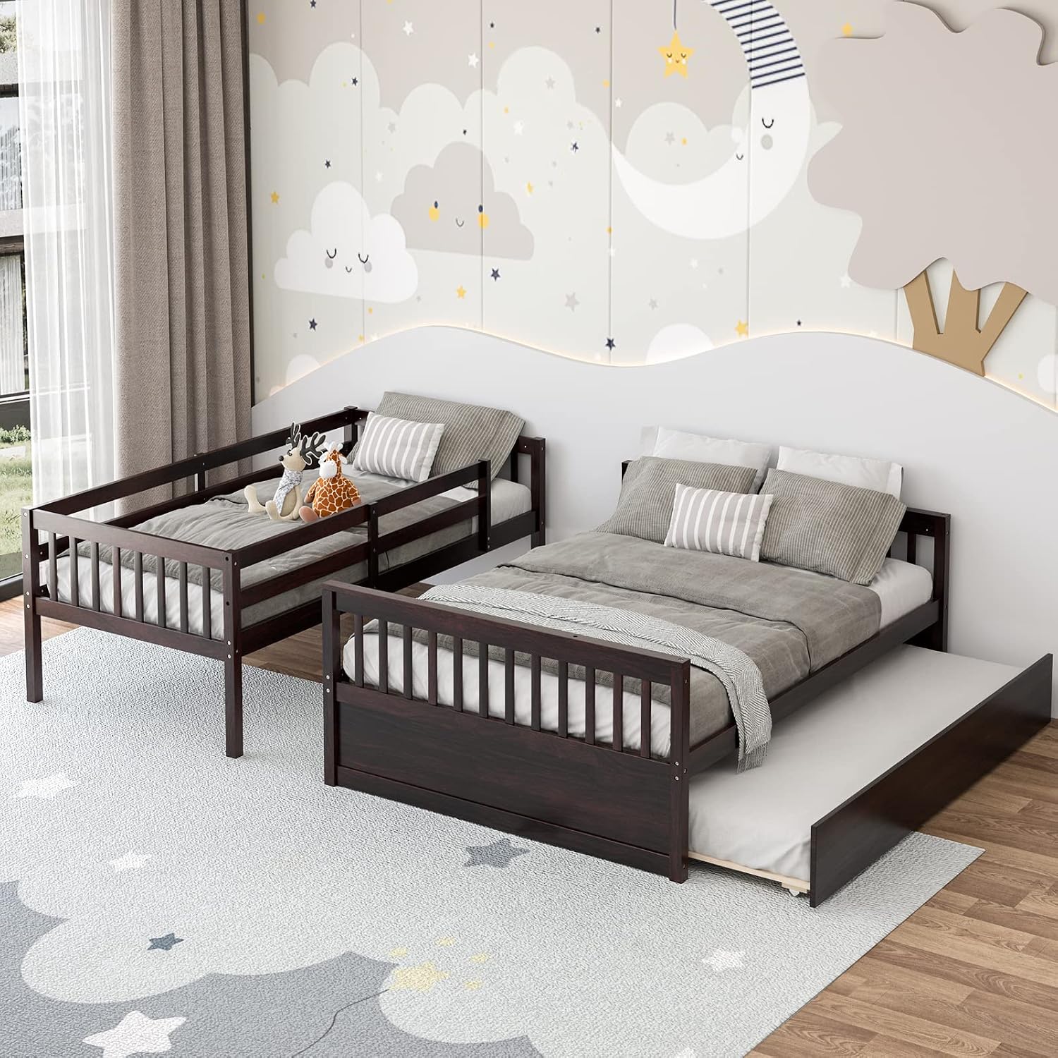 KOMFOTT Wood Twin Over Full Bunk Bed with Trundle, Bed Frame with Solid Pine Wood Frame, Space-Saving Bunk Bed with Ladder & Safety Guardrails, No Box Spring Needed