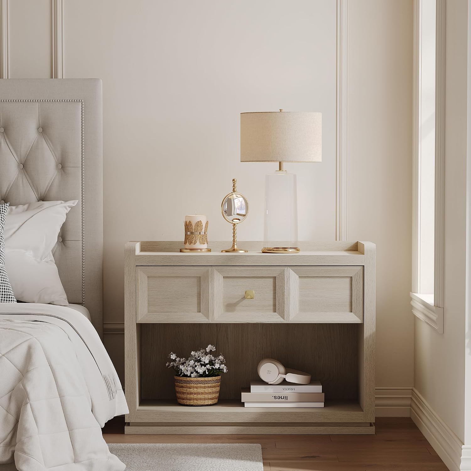 SICOTAS 31' Wide Nightstands Set of 2, Large Night Stands with Drawer, Oversized King Size Nightstand Bedside Table for Bedroom, Farmhouse End Side Table Set of 2 with Round Corners,Grey White Oak