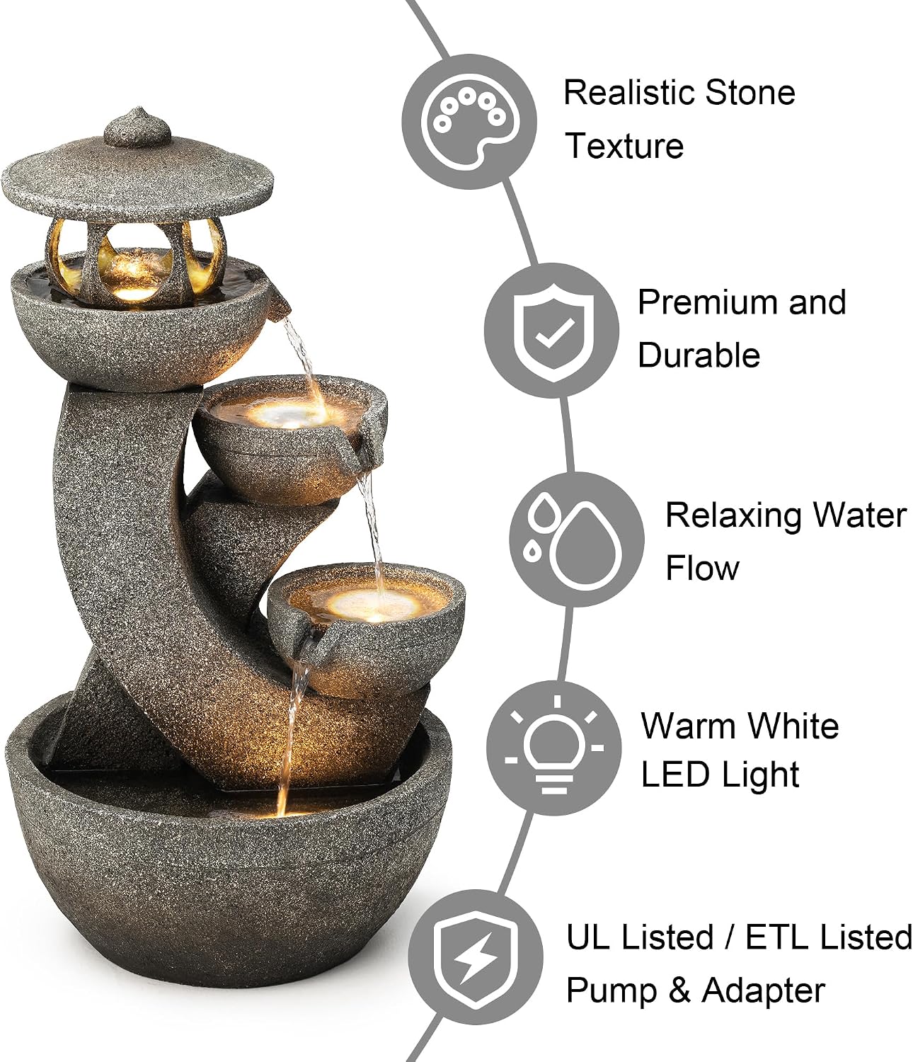 Glitzhome Pagoda Outdoor Water Fountain with LED Light, 4-Tier Oversized Cascading Stacked Stone Waterfall Fountains, Natural Stone Look Outdoor Fountain for Garden Patio Porch, 32'H