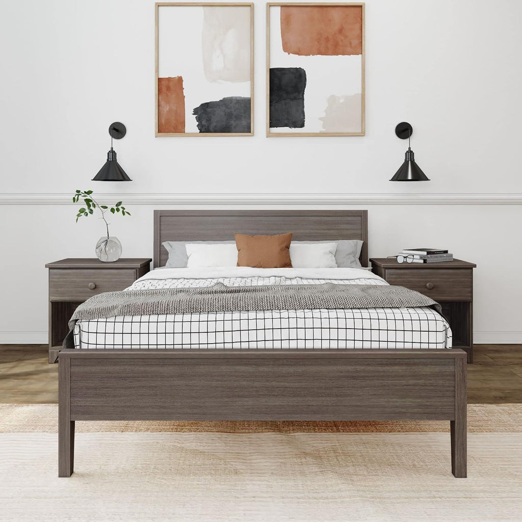 Plank+Beam Solid Wood Full Bed Frame with Panel Headboard, Modern Full Platform Bed with Wood Slat Support, No Box Spring Needed, Clay