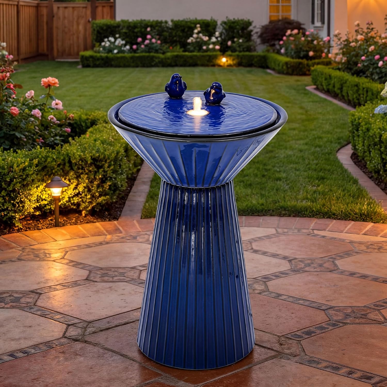 28' Tall Ceramic Outdoor Fountain and Waterfalls, Patio Fountain with LEDs, Birdbath for Outside, Soothing Water Feature for Relaxing Front Porch, Garden, Backyard, Cobalt Blue, 2KD Birds