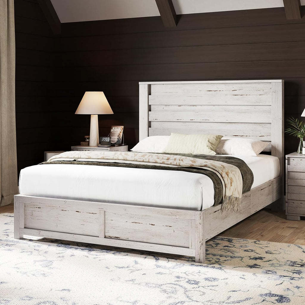 AMERLIFE Farmhouse Full Size Bed Frame with 49' Fluted Headboard, Platform Bed with Natural Wood Grain, No Box Spring Needed/Noise Free, Distressed White