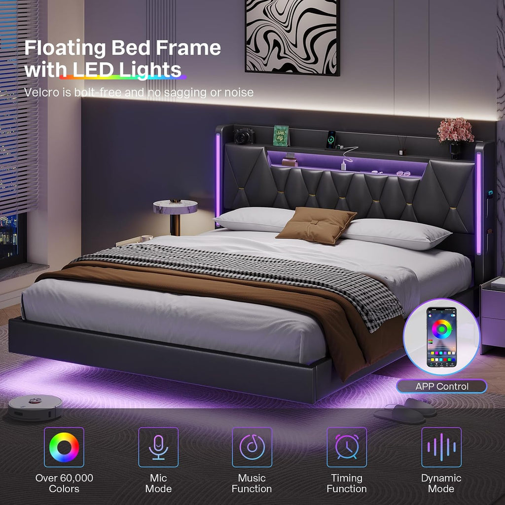 Dnxao King Size Floating Bed Frame with Storage Headboard, Tall 44' Upholstered Platform Bed with Charging Station, Dual-Zone LED Lights, No Box Spring Needed, PU Black