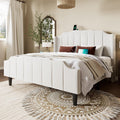 Allewie Vintage Full Size Velvet Platform Bed Frame with Curved Vertical Tufted Wingback Headboard and Footboard, Charging Station, Easy Assembly, Under Bed Storage, No Box Spring Required, White