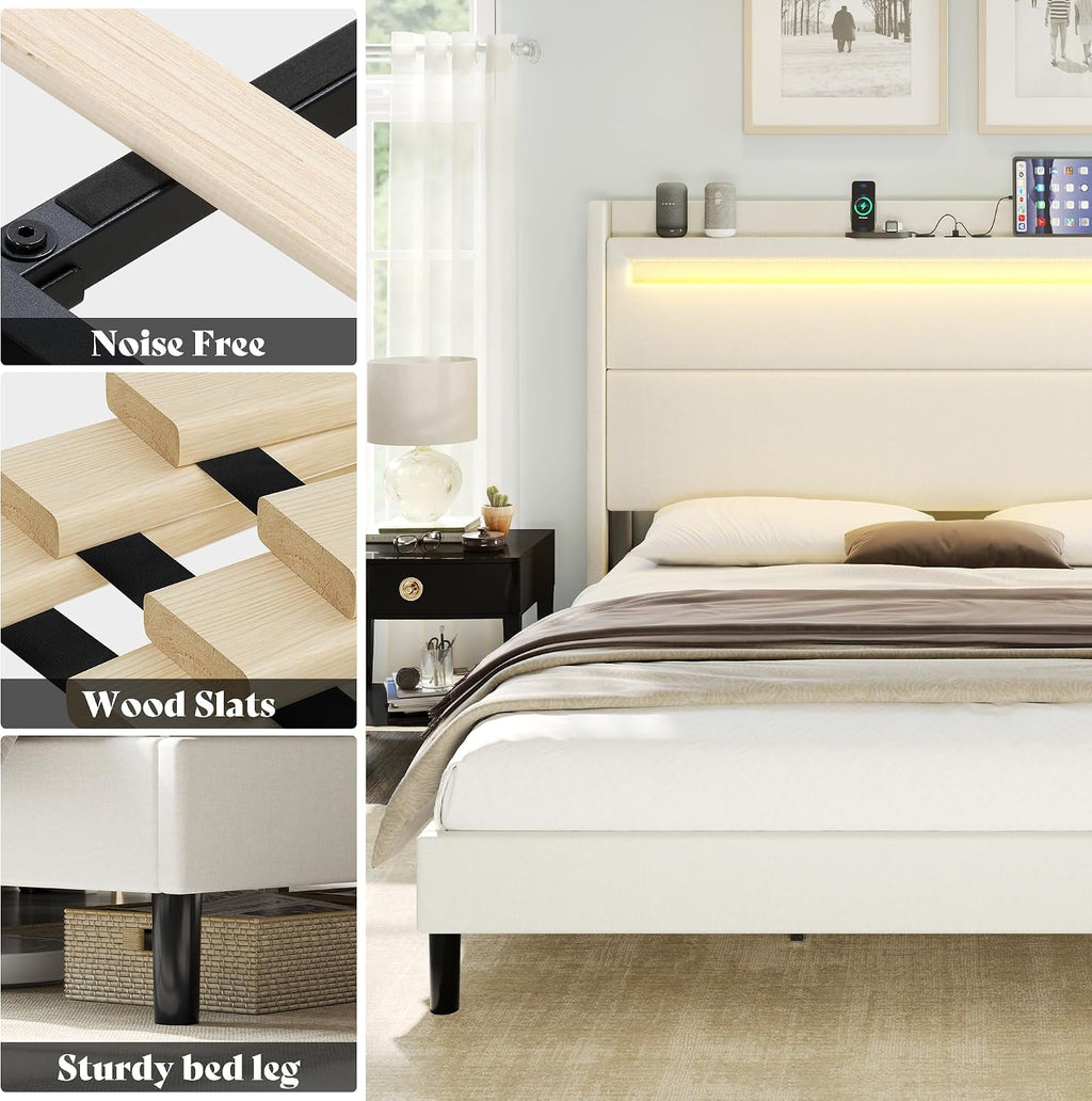 AMERLIFE King Bed Frame with LED Lights & Wingback Headboard, Upholstered Platform Bed with USB & USB-C Ports, No Box Spring Needed/Noise Free/White