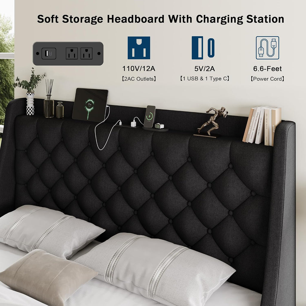 GalnFu Queen Bed Frame with 4 Storage Drawers, Giant Upholstered Wingback Headboard, Fast Charging Station, No Box Spring Needed, Noise-Free, Black