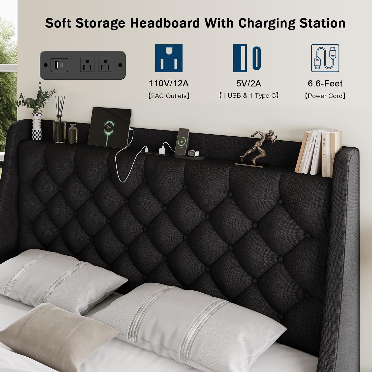 GalnFu Full Size Bed Frame with 4 Storage Drawers, Giant Upholstered Wingback Headboard, Fast Charging Station, No Box Spring Needed, Noise-Free, Black