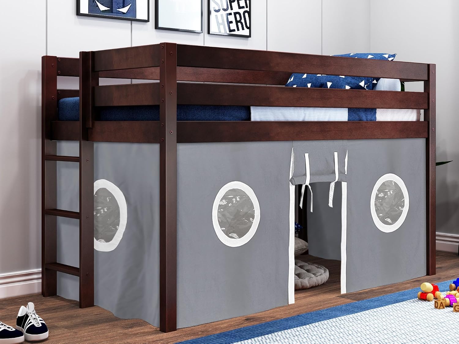 Jackpot! Contemporary Low Loft Twin Bed with End Ladder, Cherry with Gray & White Tent
