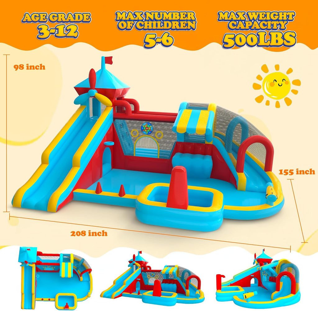 Inflatable Bounce House with Double Slide, Water Slide with Jumping Area, 10 in 1 Large Bounce Castle, Splash Pool, Climbing Wall, Toy Stand, Water Cannon, Basketball, Tunnel, Outdoor, Indoor, Blue