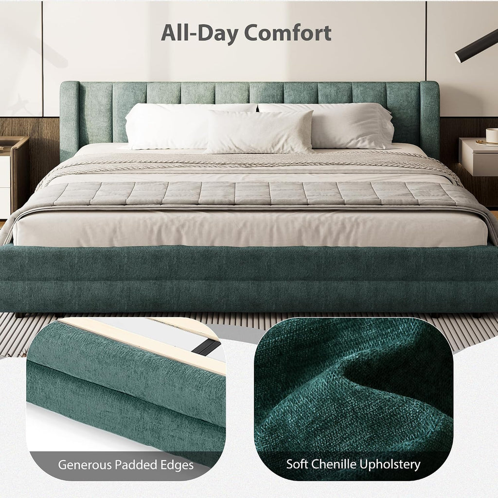 DEINPPA King Size Bed Frame with 4 Storage Drawers and Cloud Soft Headboard, Chenille Upholstered Grounded Wood Base Bed Frame, No Box Spring Needed-Blue+Green