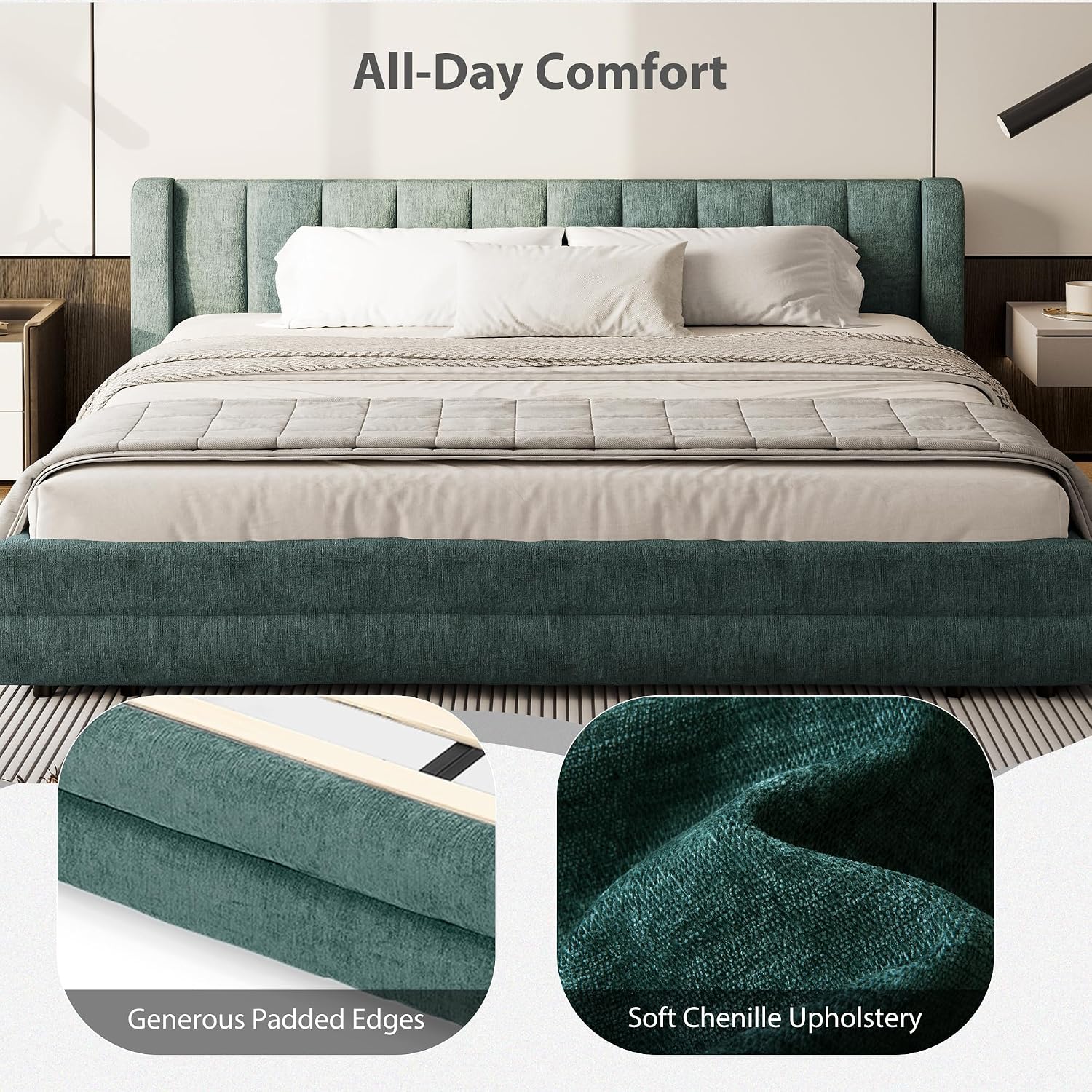 DEINPPA King Size Bed Frame with 4 Storage Drawers and Cloud Soft Headboard, Chenille Upholstered Grounded Wood Base Bed Frame, No Box Spring Needed-Blue+Green