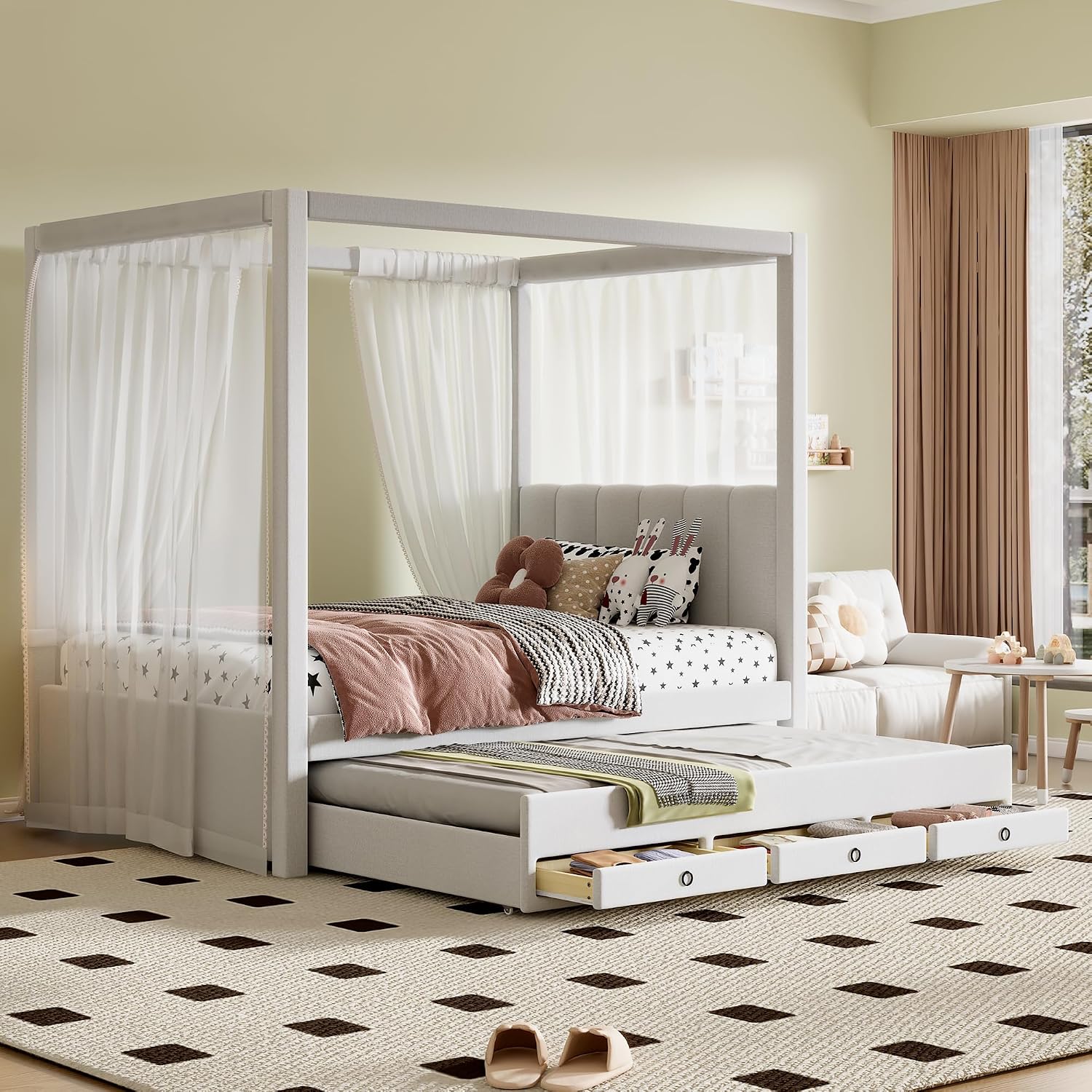 Harper & Bright Designs Twin Size Upholstery Canopy Platform Bed Frame for Boys Girls Kids Adults Toddler with Trundle and Three Storage Drawers, Beige