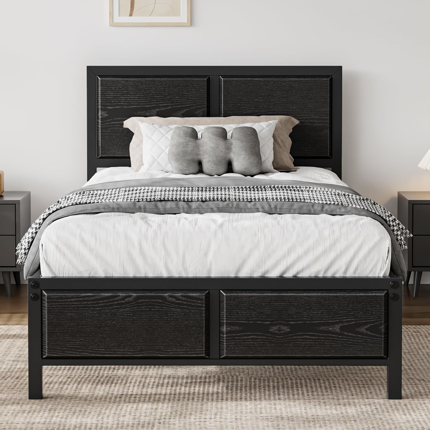VECELO Twin Bed Frames, Metal Platform Beds with Large Rustic Wooden Headboard, Metal Slats Support, Noise-Free/Easy Assembly, Black
