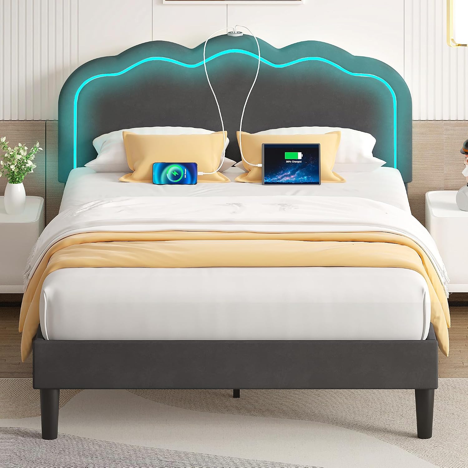 VECELO Upholstered Queen Size Bed Frame with Headboard Adjustable, LED Lights, USB-A & Type-C, Velvet Platform Bed Noise Free, Mattress Foundation with Wooden Slats, No Box Spring Needed, Dark Grey