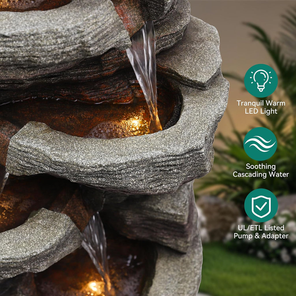40' H Extra-Large Rock Outdoor Water Fountain with LED Lights, 6-Tier Cascading Stone Waterfall with Birds for Garden Patio Porch, Weather-Resistant Polyresin Water Feature for Tranquil Oasis