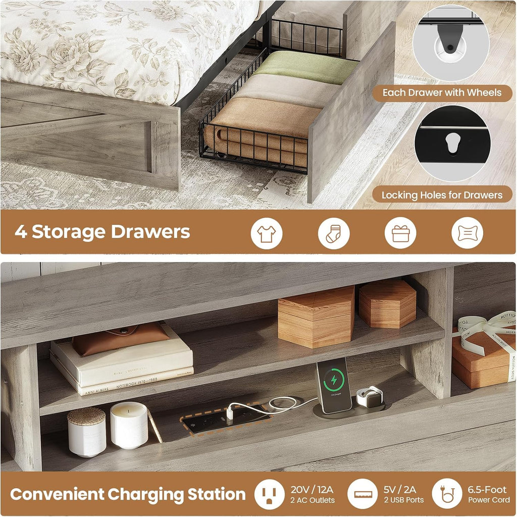 AOGLLATI Twin Bed with Storage Bookcase Headboard and 4 Drawers,Wooden Farmhouse Twin Bed Frame with Charging Station, Led Lights & Metal Slats,Grey