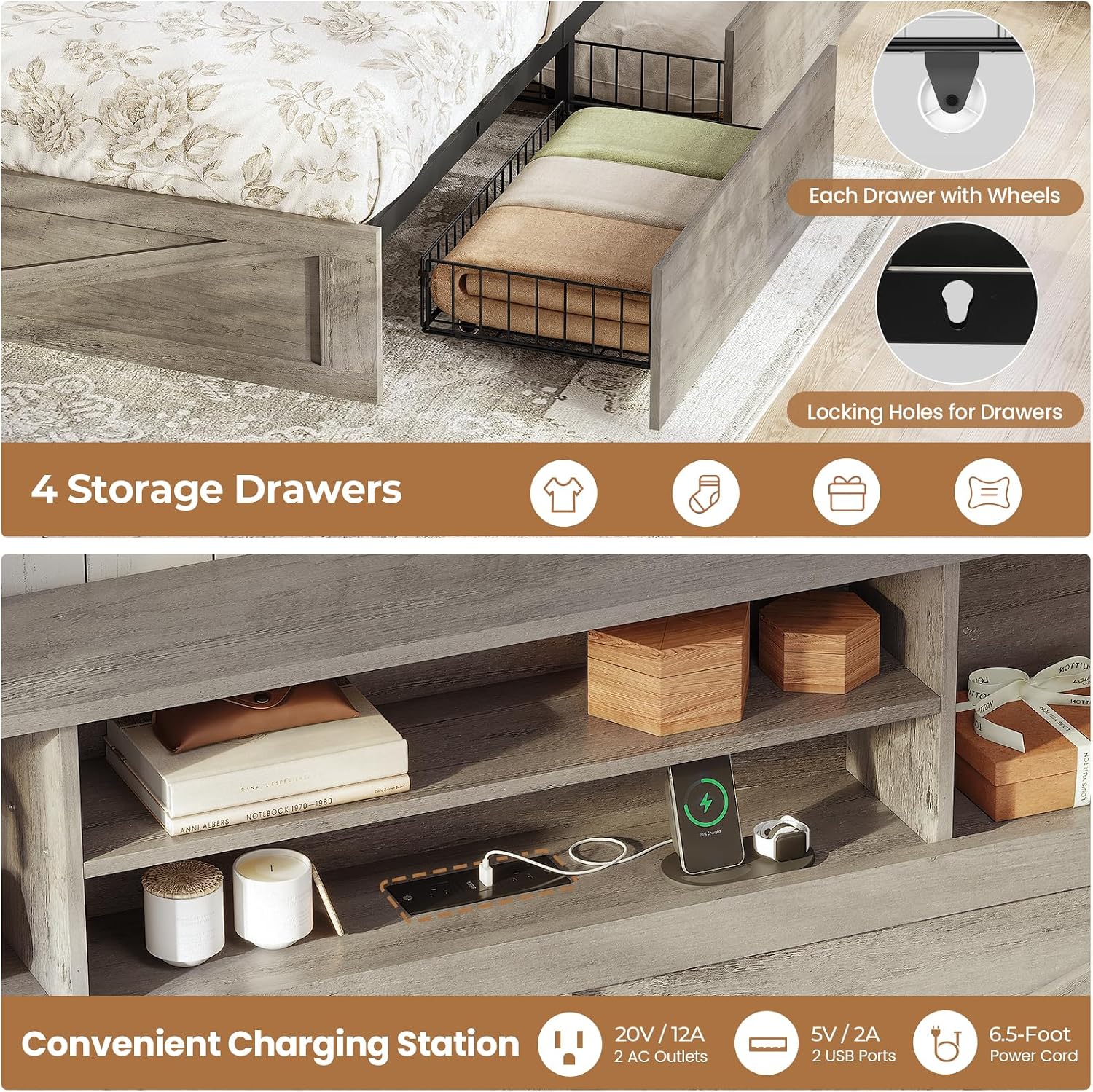 AOGLLATI Twin Bed with Storage Bookcase Headboard and 4 Drawers,Wooden Farmhouse Twin Bed Frame with Charging Station, Led Lights & Metal Slats,Grey