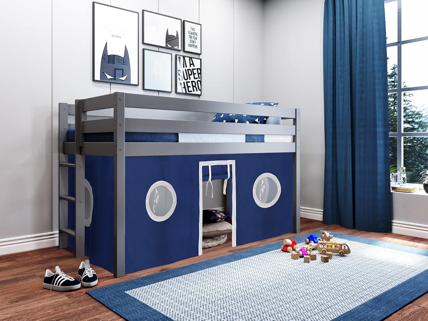 JACKPOT! Contemporary Low Loft Twin Bed with End Ladder, Gray with Blue & White Tent