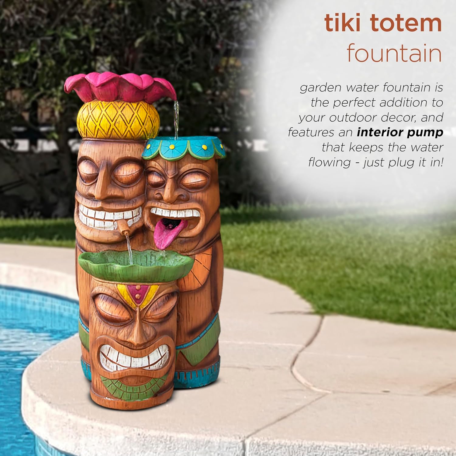 Alpine Corporation - 3-Tiered Colorful Tiki Head Water Fountain, Indoor/Outdoor Tropical Waterfall with LED Lights, for Garden, Patio, Yard, 35' H