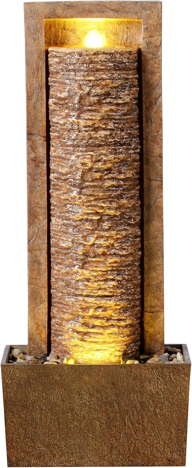 Teamson Home Framed Layered Rock Design Patio Water Fountain–Warm Glow Lighting with Steady Flow & Electric Pump, Brown