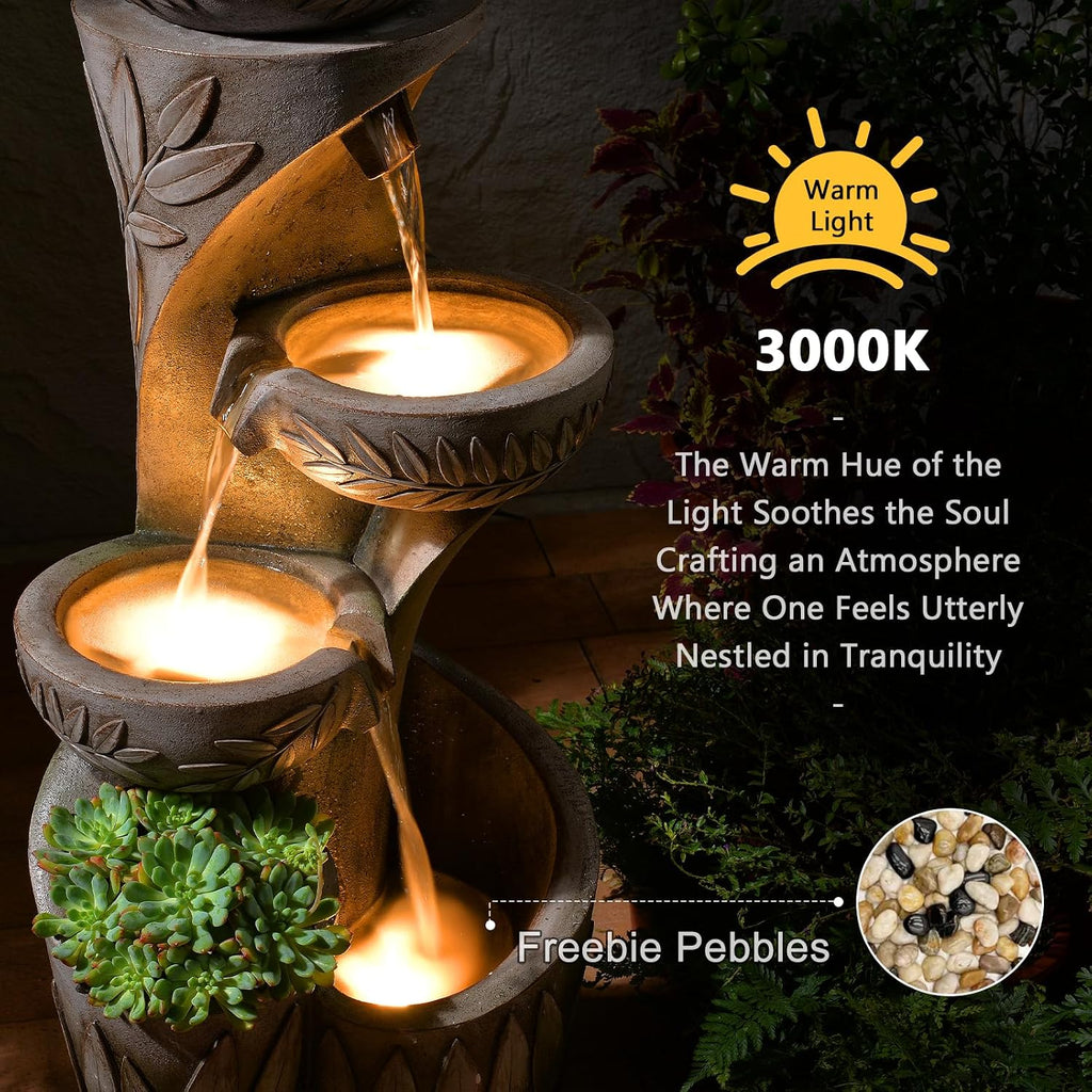 35.6' H Outdoor Water Fountain - Relief Leaf Design 4 Tiers Modern Cascading Bowls and Garden Fountains with Lights for Patio, Deck, Porch, Lawns, Backyard and Home Art Decor