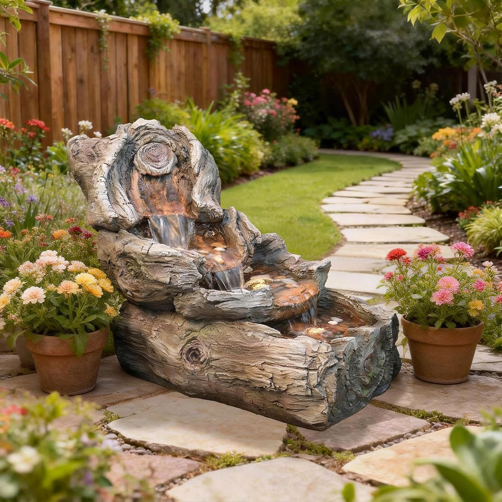 Sunlinua 31.5' L Outdoor Water Fountain with 3 Tiers Cascading Realistic Tree Trunk Waterfall Fountains with LED Lights Outdoor Water Fountain for Garden Patio Backyard Porch Home Decor