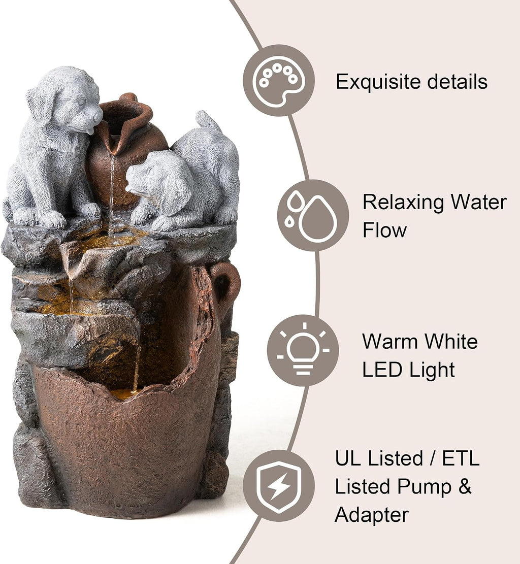 Glitzhome Water Fountain Outdoor, Outdoor Fountain with Lights & Pump, 23.5' H 4-Tiered Dogs and Pot Polyresin Cascading Waterfall Floor Standing Water Feature for Garden, Patio, Yard, Deck