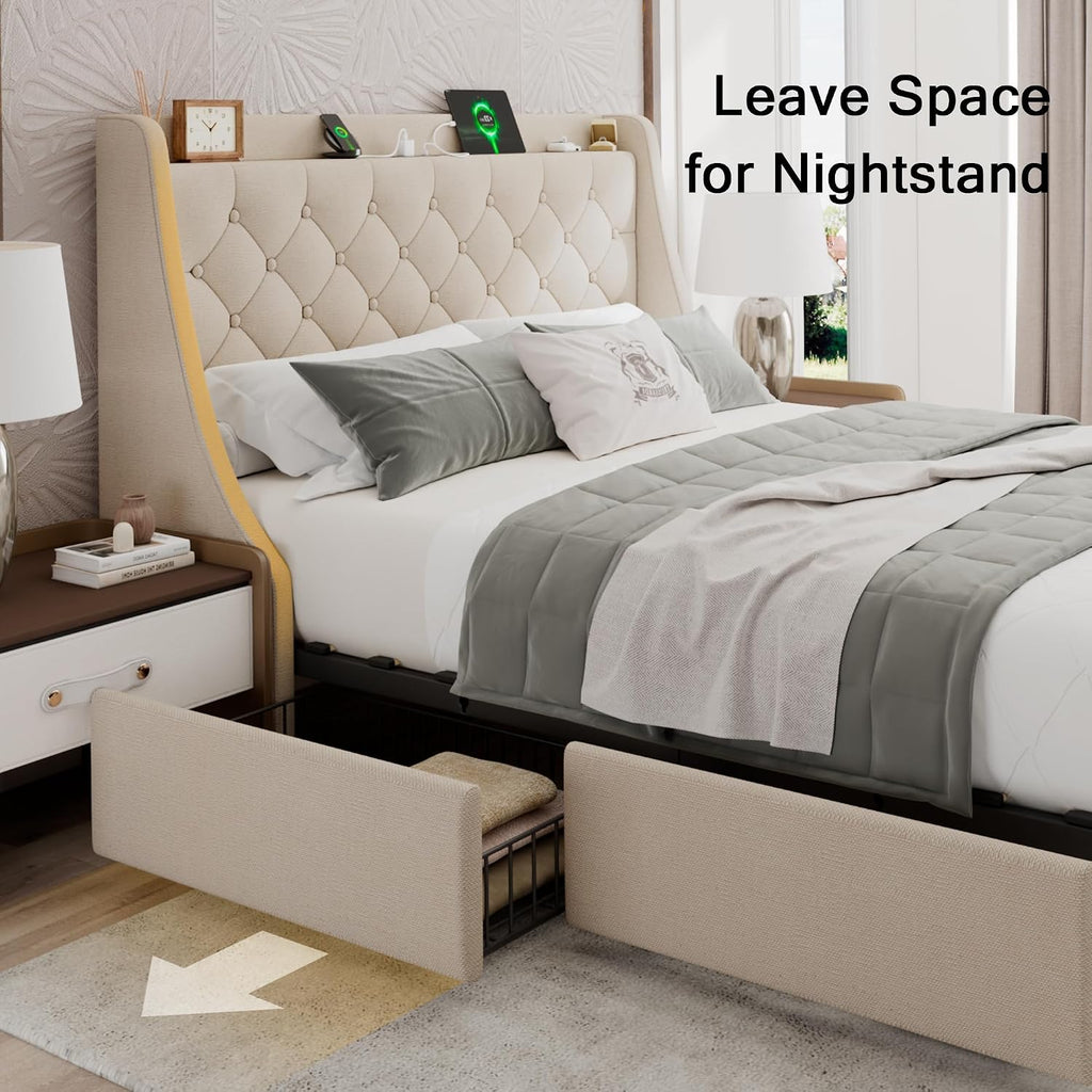 Einhomn Upholstered Queen Bed Frame with 4 Storage Drawers, Modern Platform Bed with Wingback Headboard, Charging Station, No Box Spring Needed, Beige