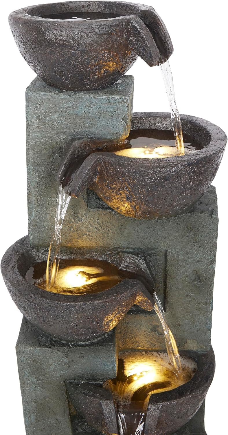 Alpine Corporation 39' Tall 5-Tier Bowls Waterfall Fountain with LED Lights, Elegant Outdoor Water Feature for Garden, Patio, Yard, Gray