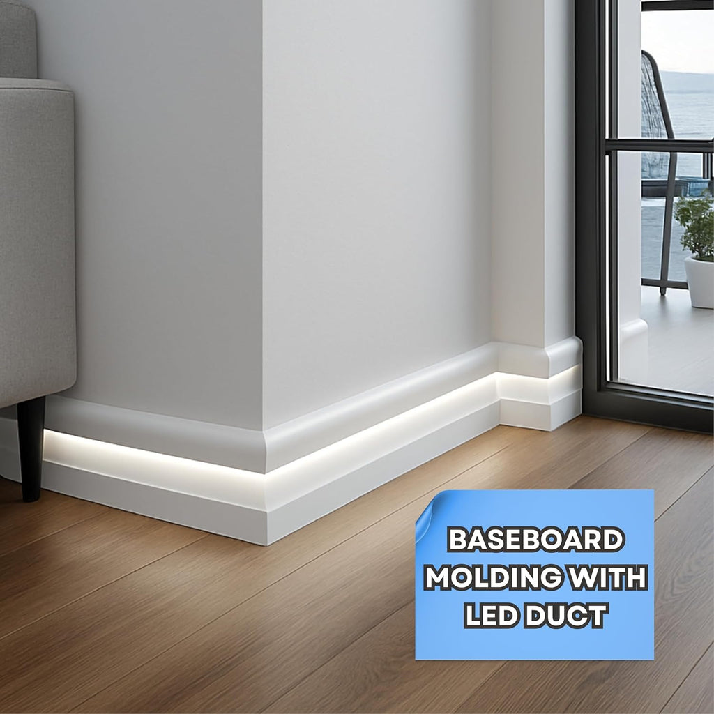 6-Piece 94.5″ (47.25 ft) LED Baseboard & Crown Molding with Duct Kit for Seamless Ambient Home Accent Lighting | Waterproof Channel for Easy LED Strip Installation (Baseboard Molding | ASL-002-A)