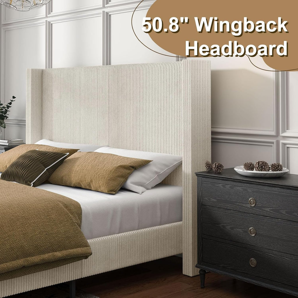 HOWE Queen Size Bed Frame with 50.8' Tall Wingback Headboard, Modern Corduroy Upholstered Platform Bed Frame with Solid Wood Slats & Legs, No Box Spring Needed, Noise-Reducing Design, Cream