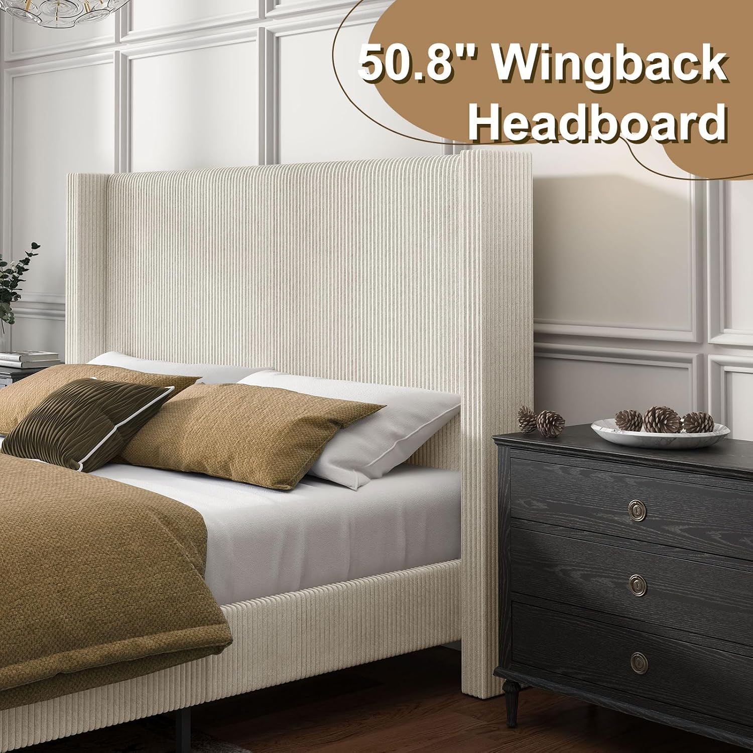 HOWE Queen Size Bed Frame with 50.8' Tall Wingback Headboard, Modern Corduroy Upholstered Platform Bed Frame with Solid Wood Slats & Legs, No Box Spring Needed, Noise-Reducing Design, Cream