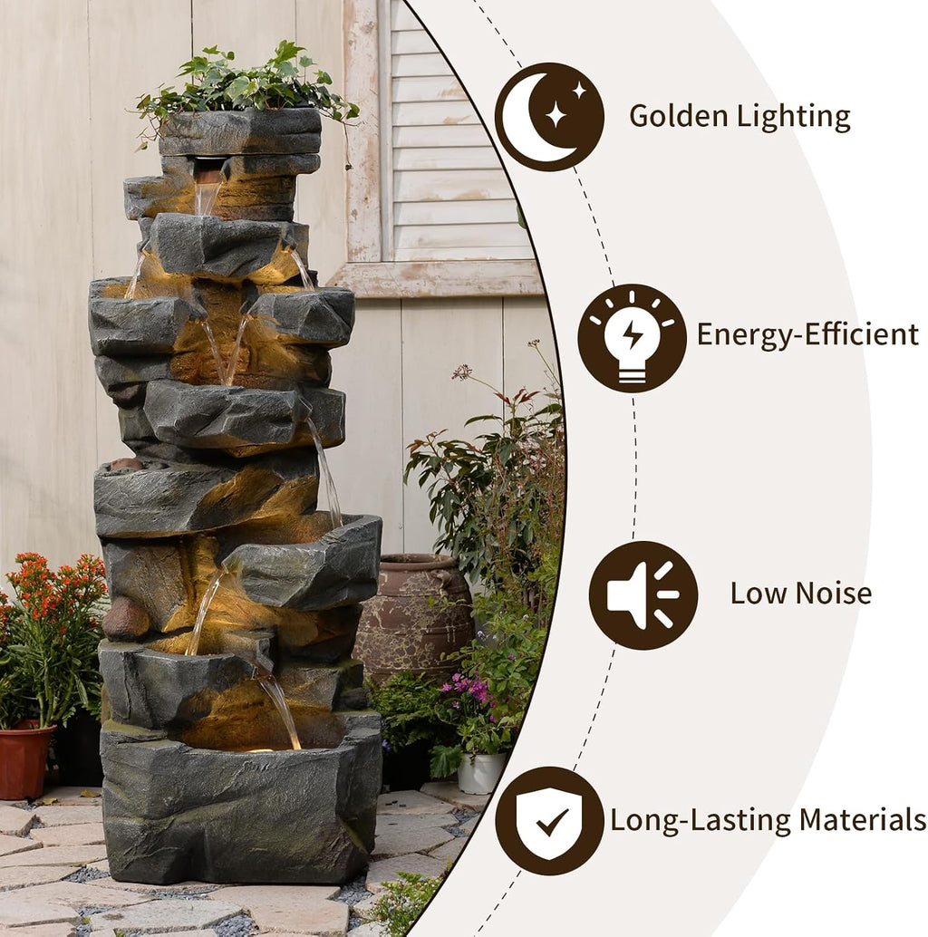 Sunlinua 58' H Outdoor Water Fountain with 7 Tiers New Upgraded Large Cascading Realistic Rock Waterfall Fountains with Lights Outdoor Water Fountain for Garden Patio Backyard Porch Home Decor