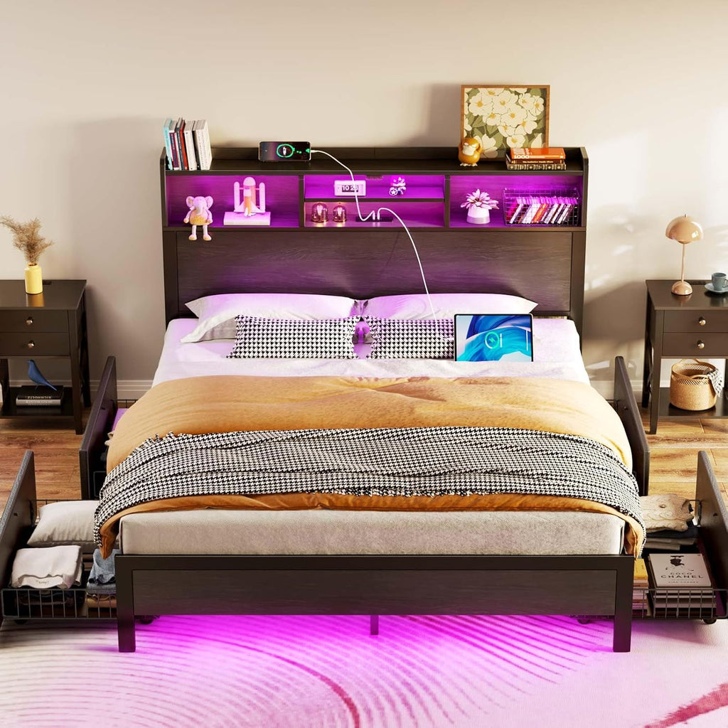 Rolanstar Queen Bed Frame with Storage Headboard & 4 Drawers, Metal Platform Bed with Charging Station, LED Single Bed with Side Shelf, No Box Spring Needed, Easy Assembly, Black