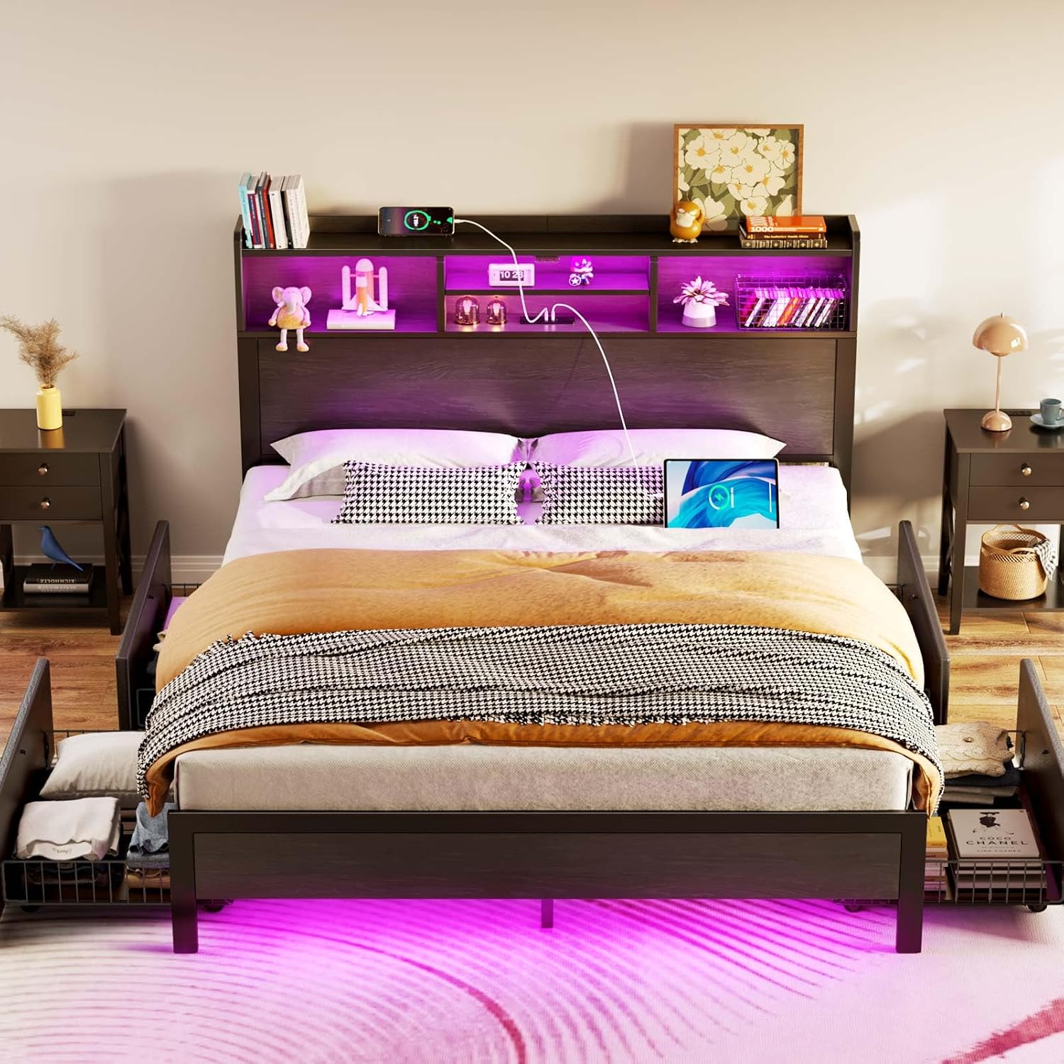 Rolanstar Queen Bed Frame with Storage Headboard & 4 Drawers, Metal Platform Bed with Charging Station, LED Single Bed with Side Shelf, No Box Spring Needed, Easy Assembly, Black