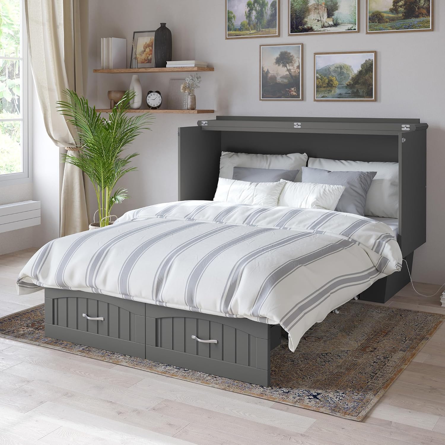 AFI, Nantucket Queen Murphy Bed Chest with Mattress, Storage Drawer and Built-In USB Charger, Grey