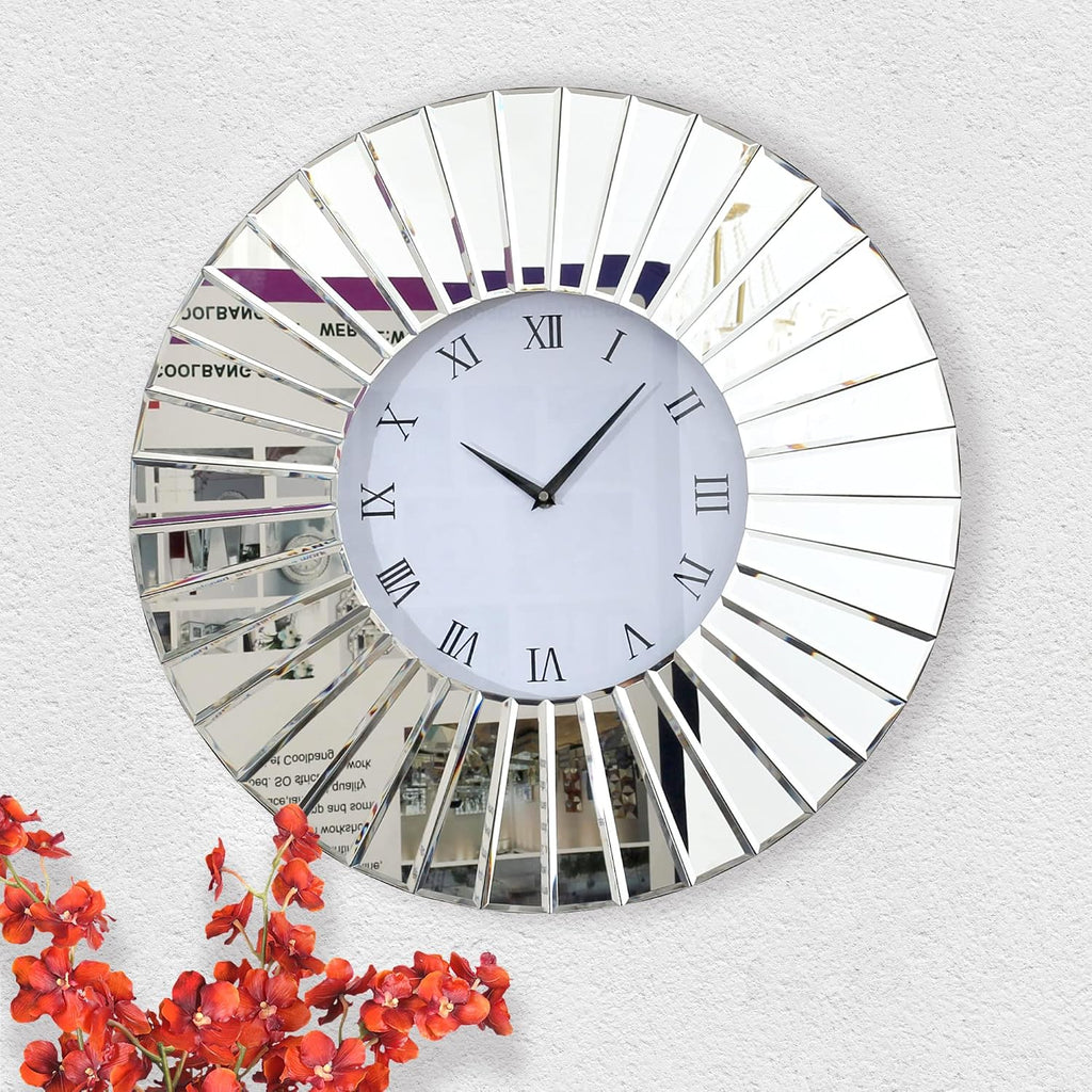 SHYFOY Mirrored Wall Clocks, 24' Decorative Large Clock for Wall Decor, Oversize Glass Wall Clock for Living Room, Big Silver Clock Modern Luxury Home Decor