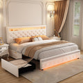 Queen Led Bed Frame with 2 Drawers, Modern Sturdy Adjustable Upholstered Crystal Button Tufted Headboard Platform Bedframe with Storage, No Box Spring Needed, Noise-Free, Easy Assembly, Velvet Cream