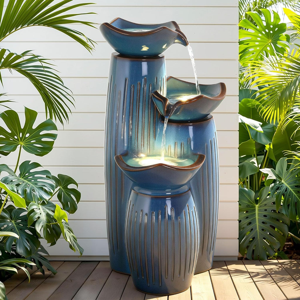 30' H Ceramic Outdoor Water Fountain with LED Lights, 3-Tier Cascading Lotus Bowls Water Feature, Soothing Cascading Waterfall for Garden, Patio, Yard, Turquoise Vertical Striped Texture