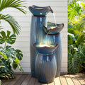30' H Ceramic Outdoor Water Fountain with LED Lights, 3-Tier Cascading Lotus Bowls Water Feature, Soothing Cascading Waterfall for Garden, Patio, Yard, Turquoise Vertical Striped Texture